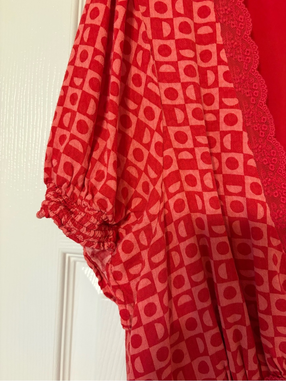 Free People Marley Maxi Dress in Red Geometric Print with Lace Trim - NWOT - Picture 7 of 11